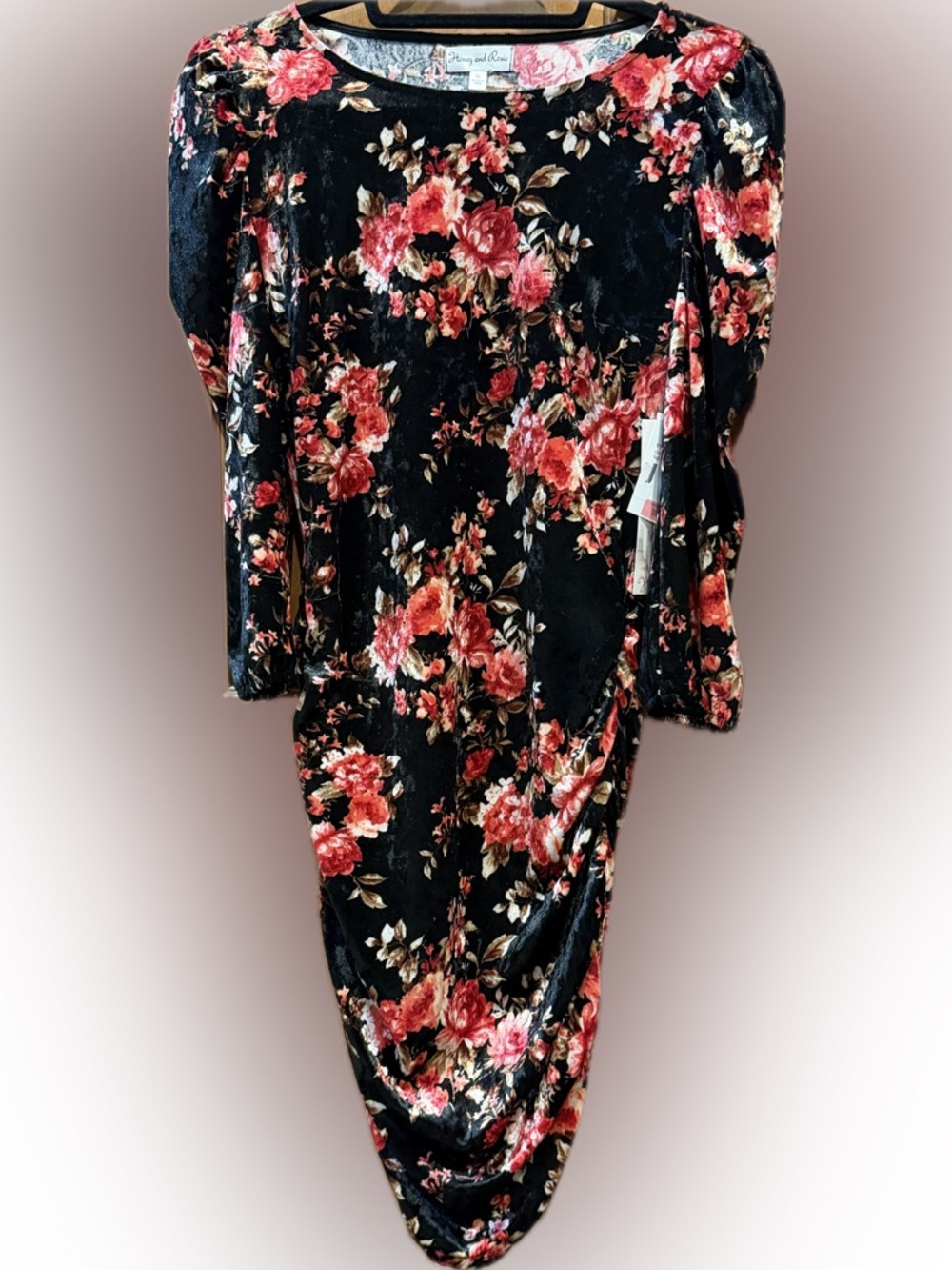 Honey and Rosie Floral Velvet Dress Ruched Midi Bodycon Puff Sleeve size M, NWT